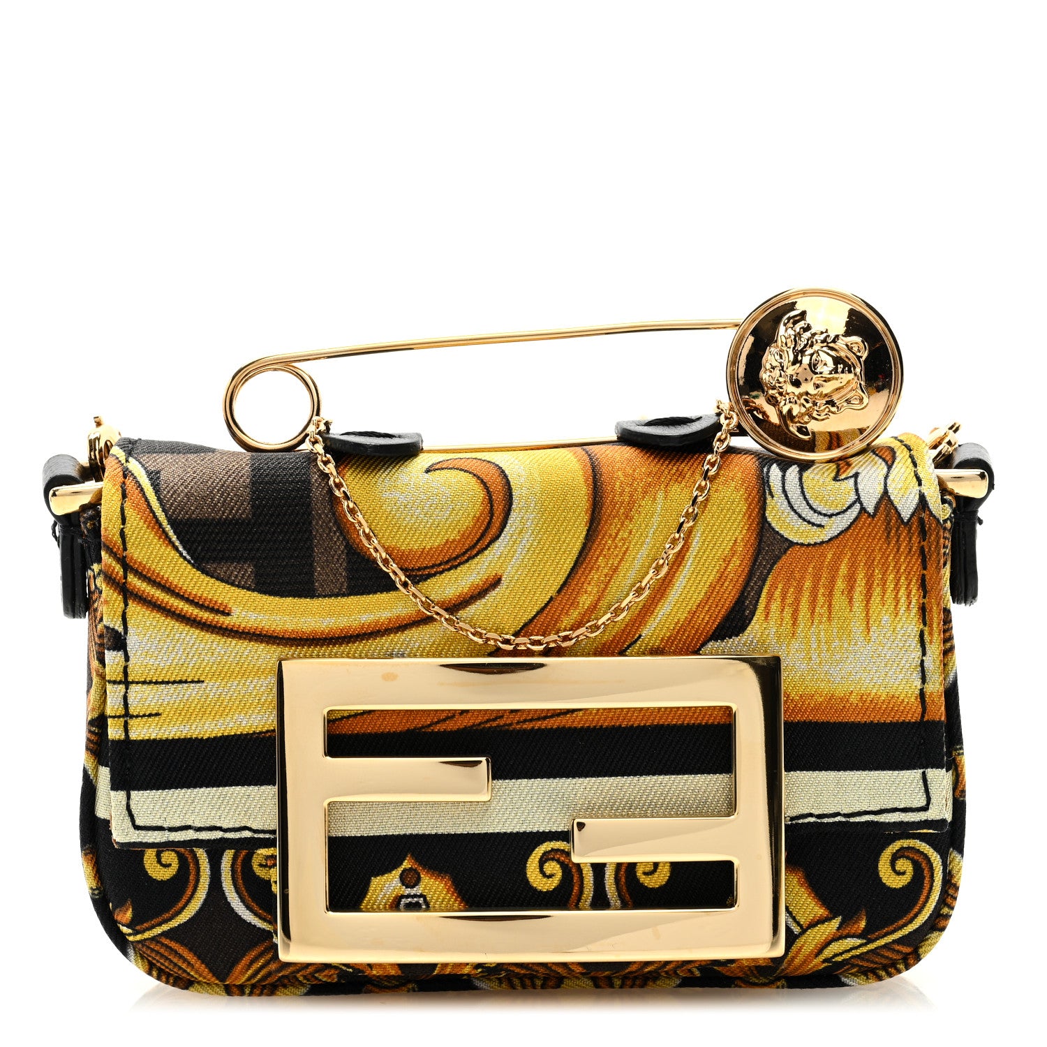 Fendi X VERSACE Silk Fendace FF Baroque Nano Brooch Baguette Charm Black Gold 1 of 8