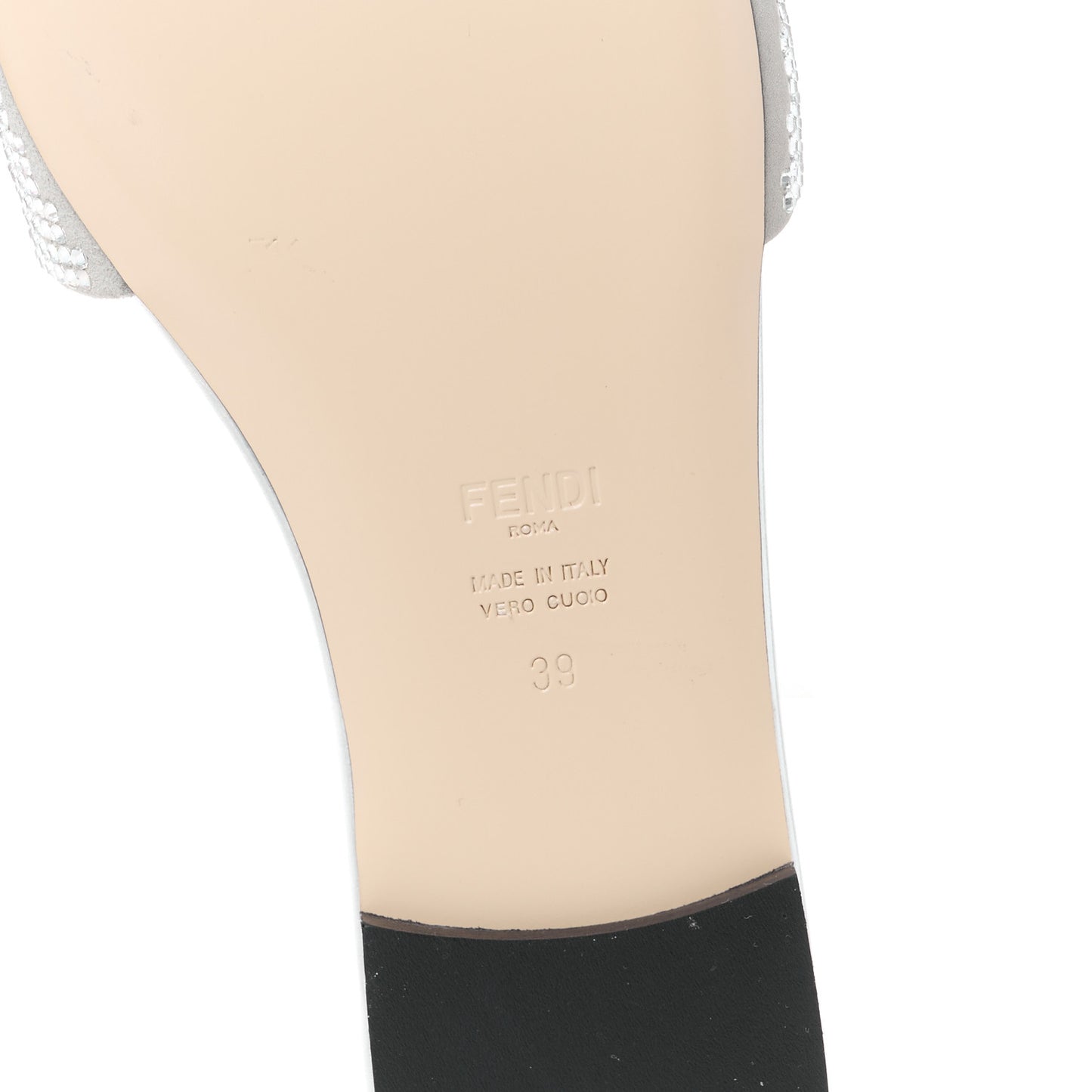 Laminated Goatskin Baguette Crystal Embroidered Signature Flat Slide Sandals 39 Silver