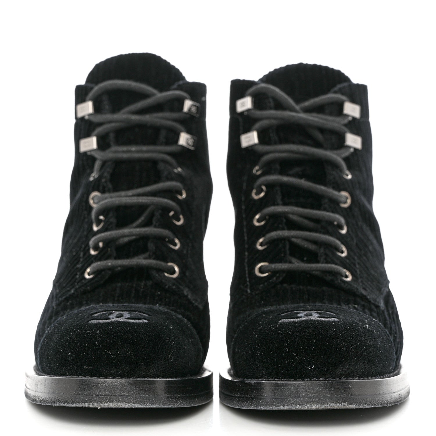 Chanel Velvet CC Combat Boots 37.5 Black 2 of 9