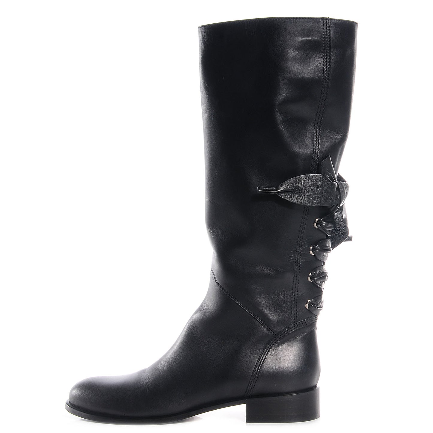 Soft Nappa Leather Ascot Ribbon Lace-Up Riding Boots 40 Black