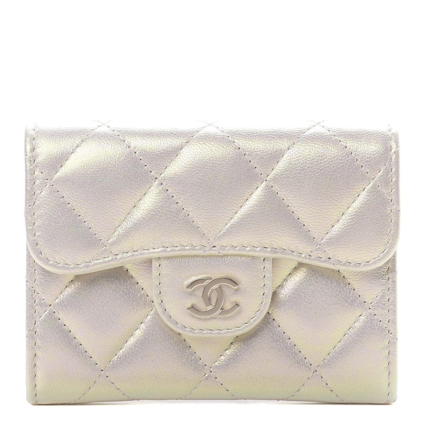 Iridescent Lambskin Quilted Flap Card Holder Ivory