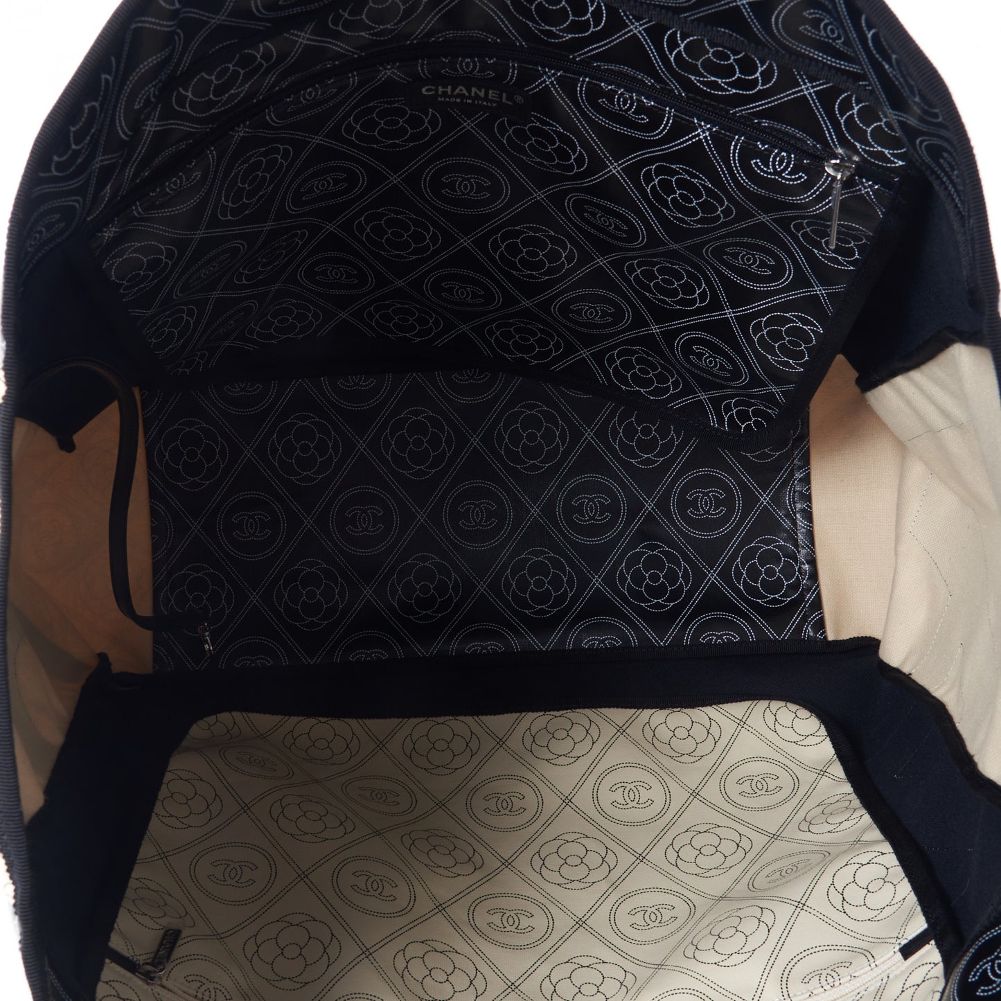 Coated Canvas Camellia Large Shopping Tote Black Beige