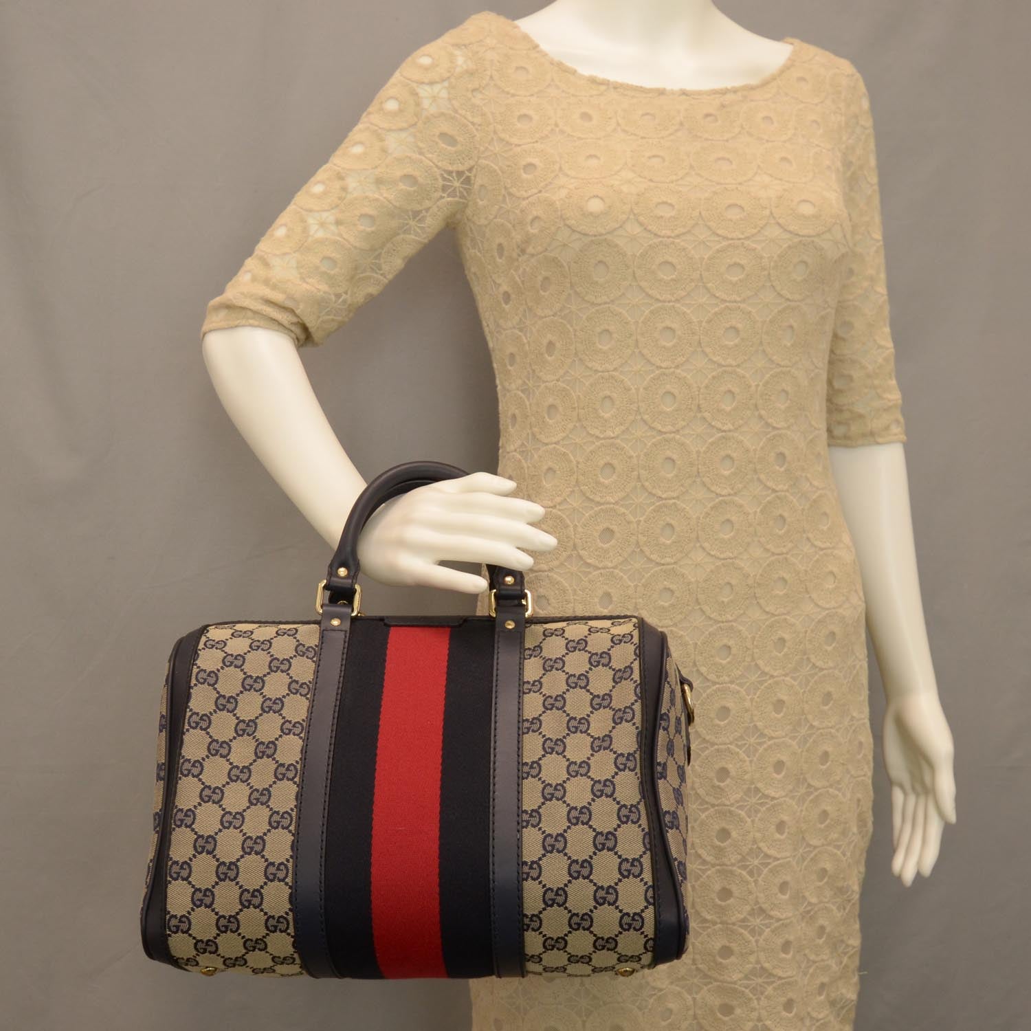 Gucci Monogram Selleria Calfskin Vintage Web Medium Boston Beige Blue 2 of 9