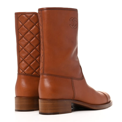 Chanel Calfskin Quilted CC Logo Mid Calf Boots 38.5 Caramel 4 of 12