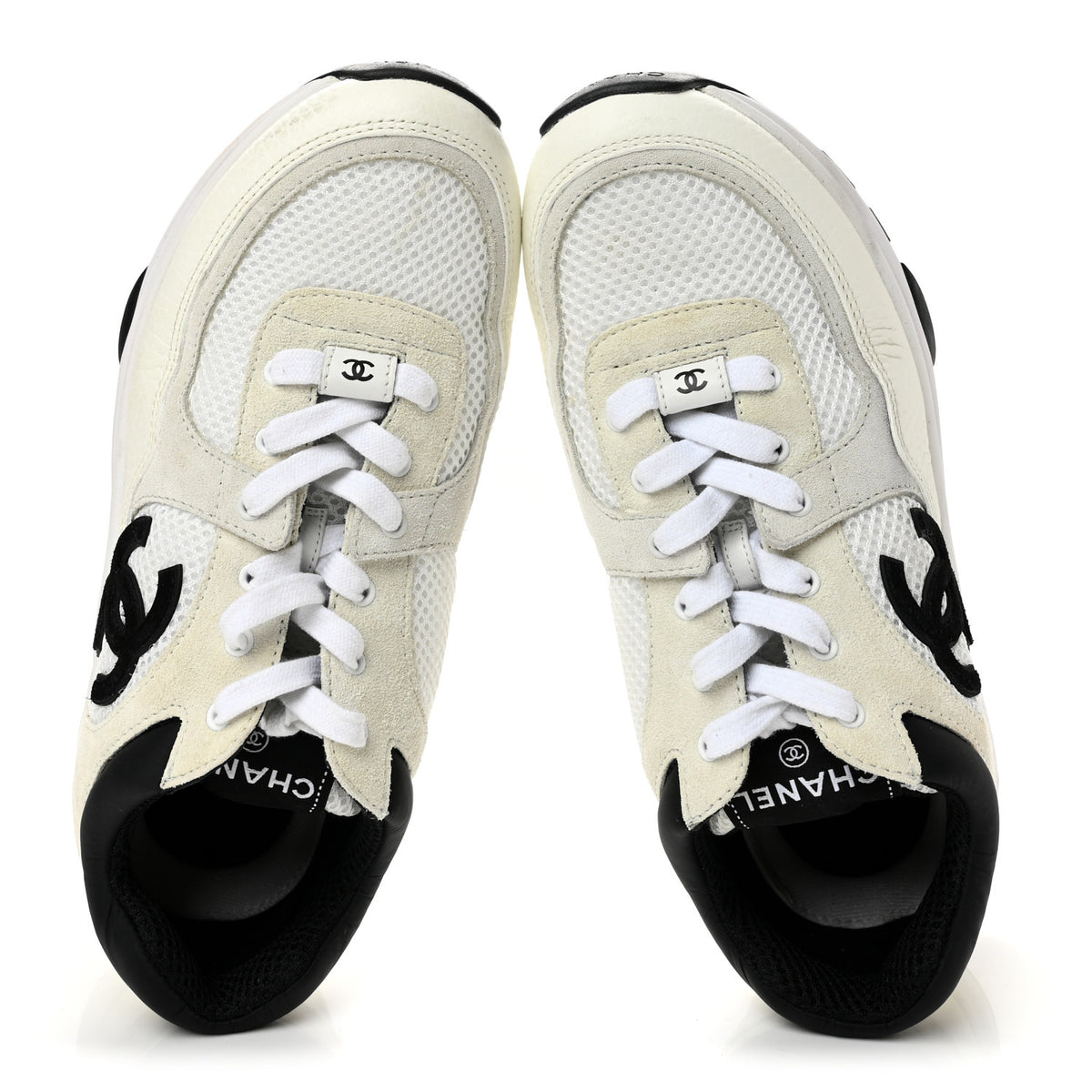 Chanel Mesh Suede Calfskin Grained Calfskin Womens CC Sneakers 38.5 White Black 2 of 8