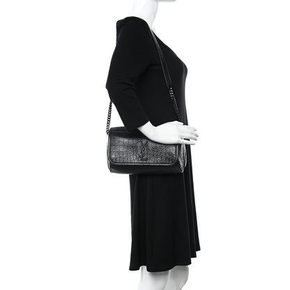 Saint Laurent Crocodile Embossed Calfskin Matelasse Monogram Baby Niki Shoulder Belt Bag Black 2 of 10