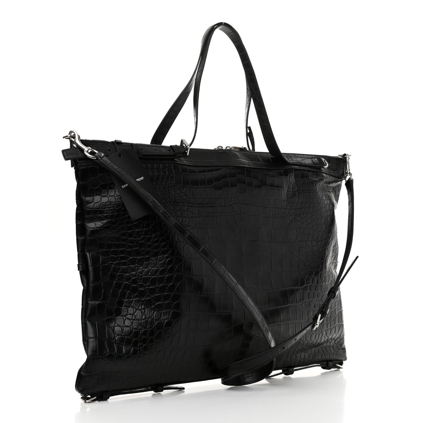 Calfskin Crocodile Embossed Large Convertible ID Bag Black