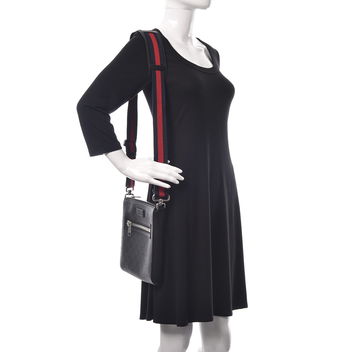 Gucci GG Supreme Monogram Web Small Flat Messenger Bag Black Grey 2 of 10