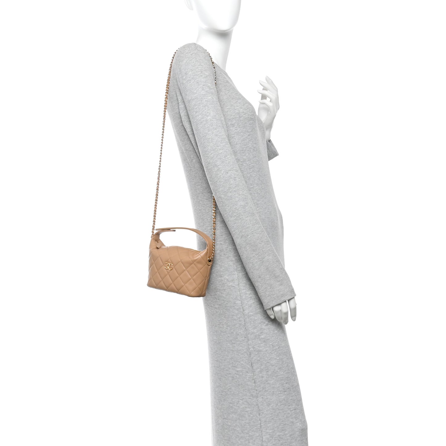 Caviar Quilted Hobo Clutch With Chain Dark Beige