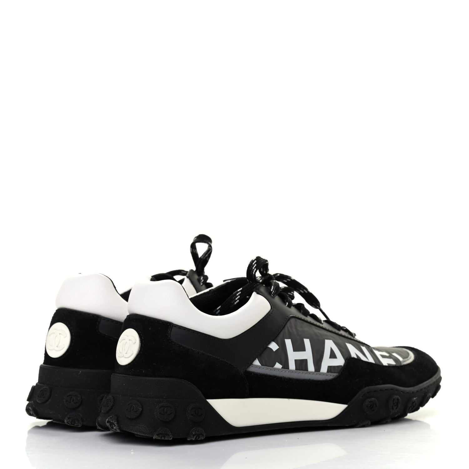 Chanel Nylon Calfskin Suede Womens CC Sneakers 41 Black Grey White 4 of 10