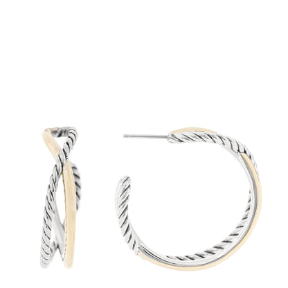 David Yurman Sterling Silver 14K Yellow Gold Crossover Cable Hoop Earrings 1 of 4