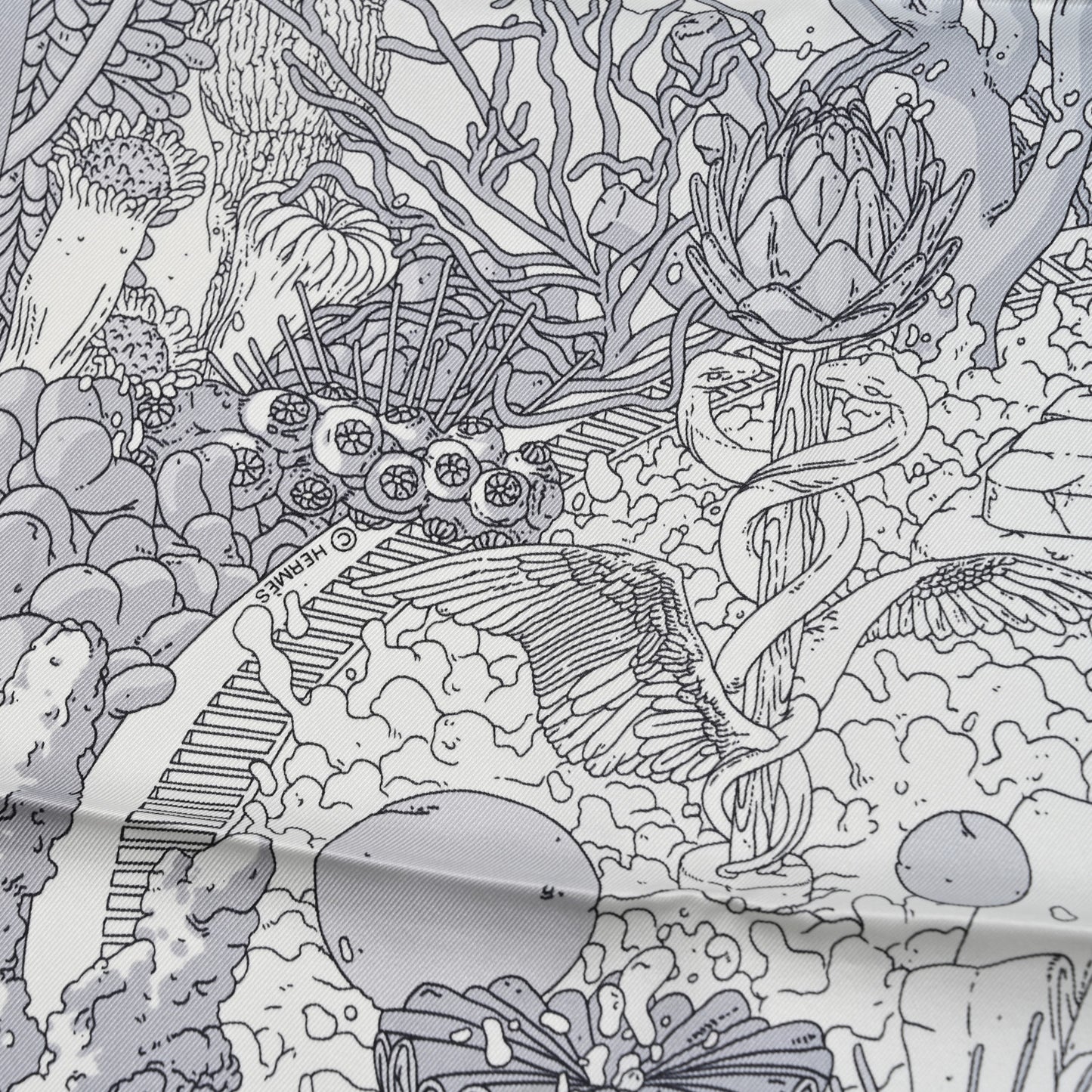 Vintage Silk Ex Libris Atlantis Scarf 70 White Gris Mastic