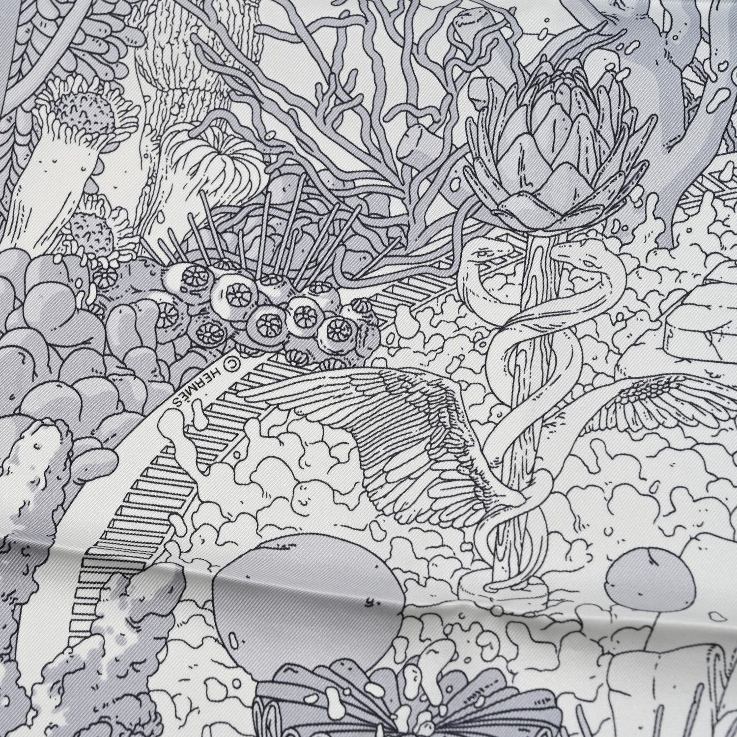 Hermes Vintage Silk Ex Libris Atlantis Scarf 70 White Gris Mastic 4 of 5