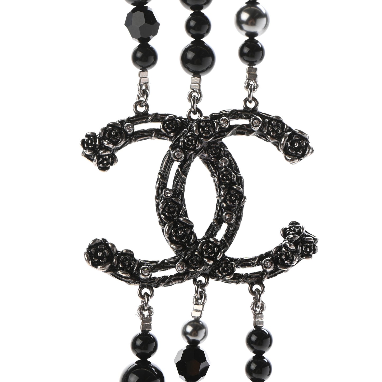 Pearl Crystal Long CC Necklace Black Black Grey