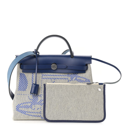 Hermes Vache Hunter Toile H Brides de Gala Herbag Zip Retourne 31 PM Bleu De France Ecru Black 1 of 10