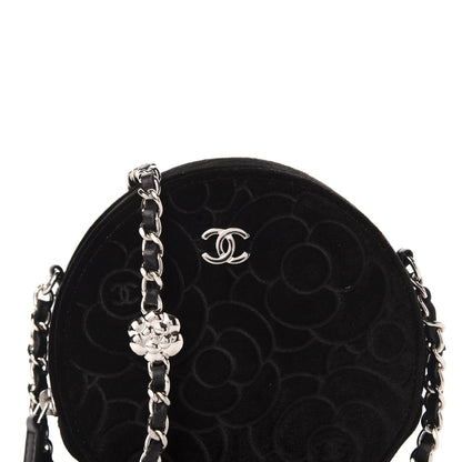 Chanel Suede Camellia Quilted Round Clutch With Chain Black 10 of 11