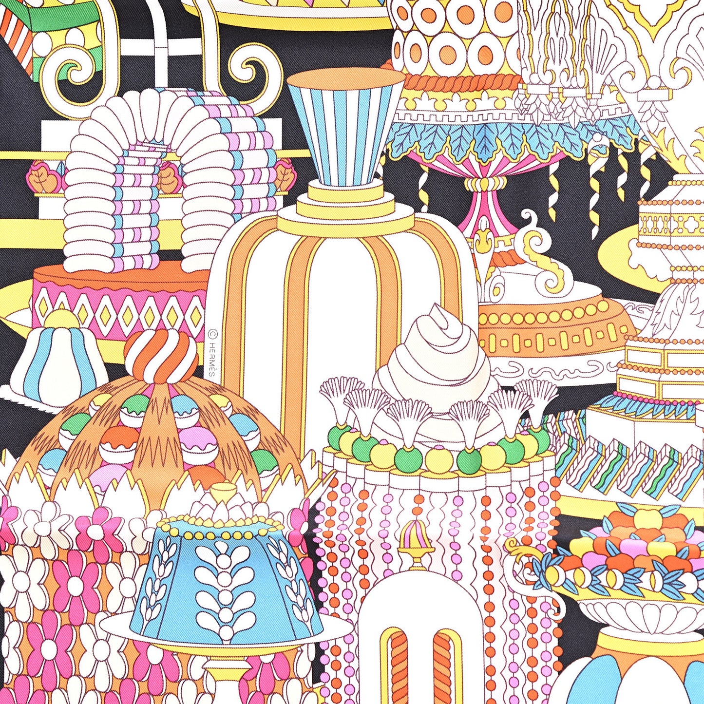 Silk La Patisserie Francaise Scarf 90 Orange Black Multicolor