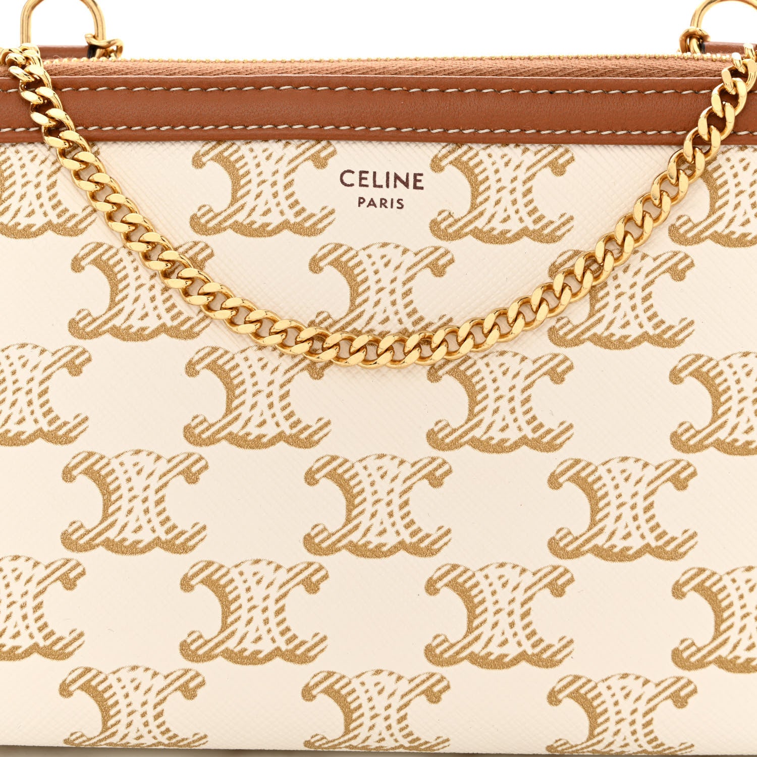 Celine Lambskin Triomphe Canvas Clutch With Chain White Tan 8 of 10