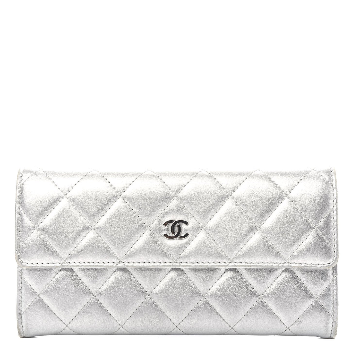 Metallic Lambskin Long Flap Wallet Silver
