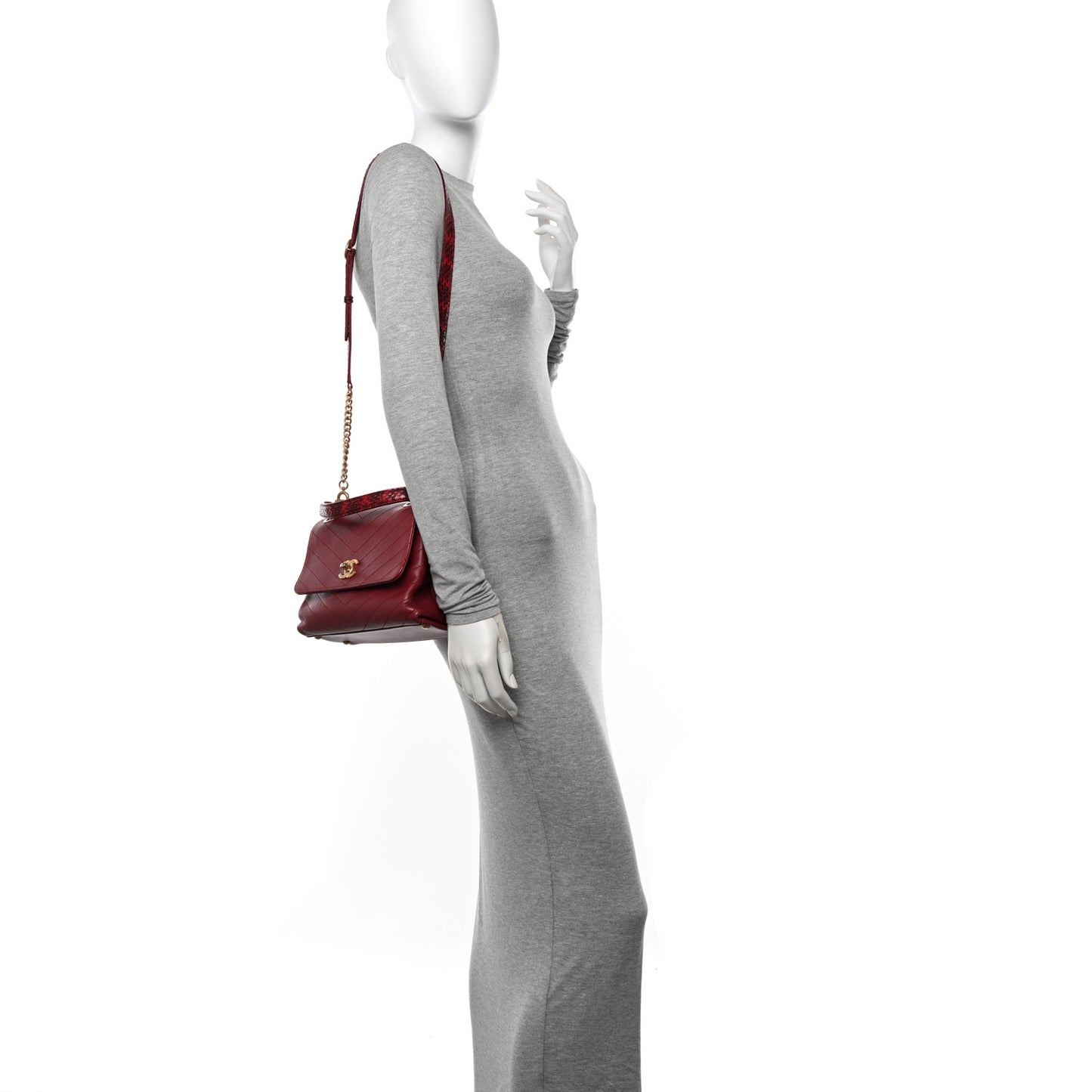 Calfskin Elaphe Stitched Small Chevron Chic Top Handle Flap Red