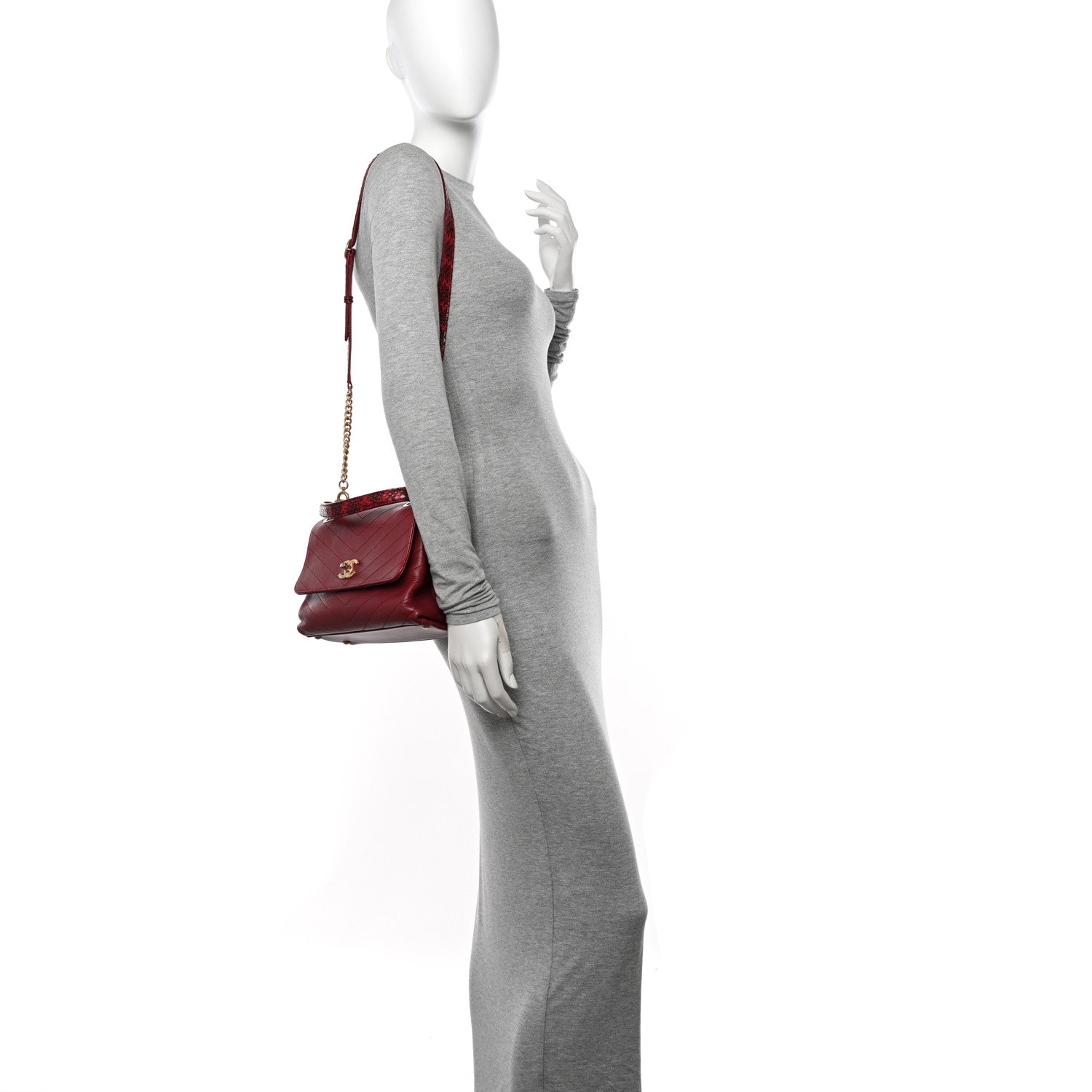 Chanel Calfskin Elaphe Stitched Small Chevron Chic Top Handle Flap Red 2 of 13