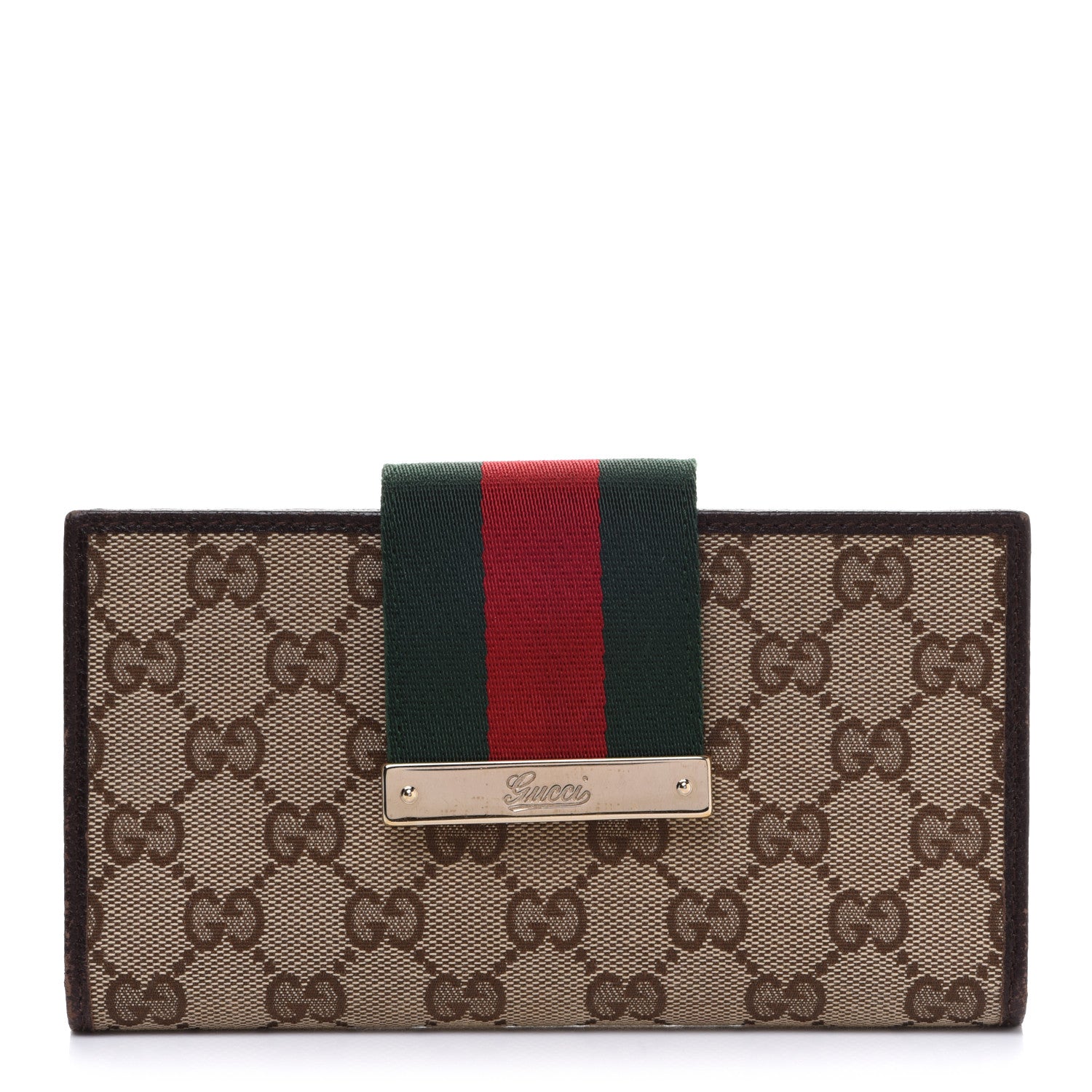 Gucci Monogram Calfskin Ladies Web Long Wallet Beige Ebony Cocoa 1 of 15