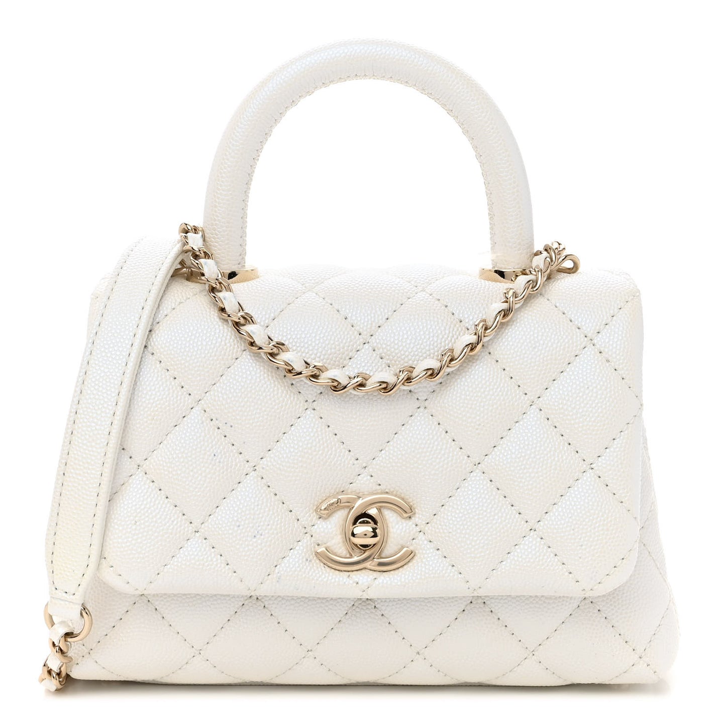 Iridescent Caviar Quilted Extra Mini Coco Handle Flap White