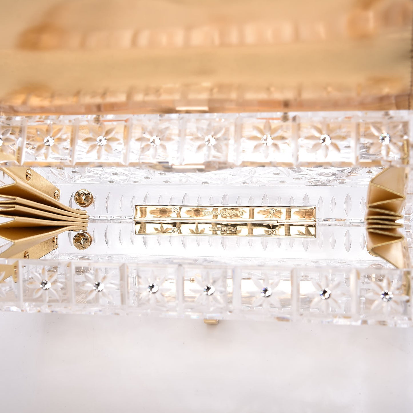 Plexiglass Crystal Embellished Dolce Box Clutch Gold