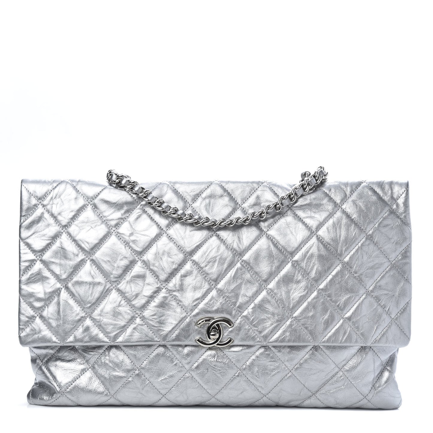 Metallic Crumpled Calfskin Big Bang Large Flap Bag Silver