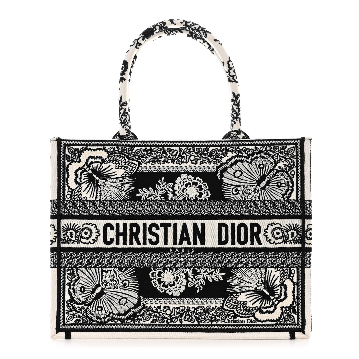 Christian Dior Canvas Butterfly Bandana Embroidered Medium Book Tote Black White 1 of 10