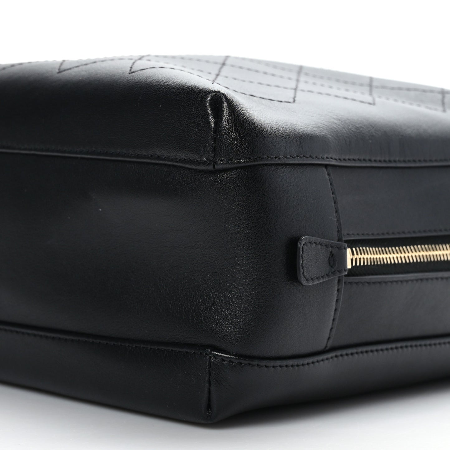 Calfskin Stitched Sleek Box Top Handle Vanity Bag Black