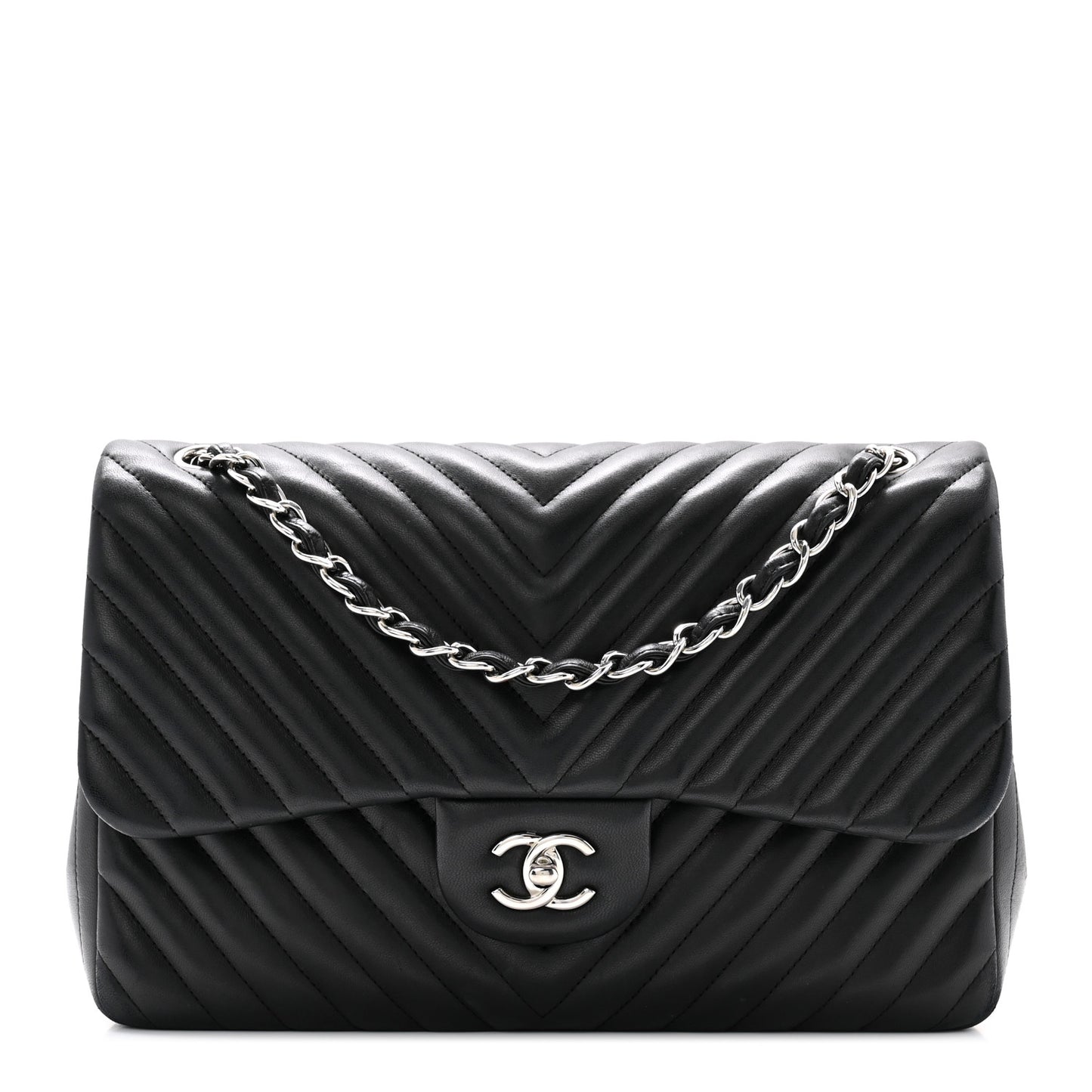 Lambskin Chevron Quilted Jumbo Double Flap Black