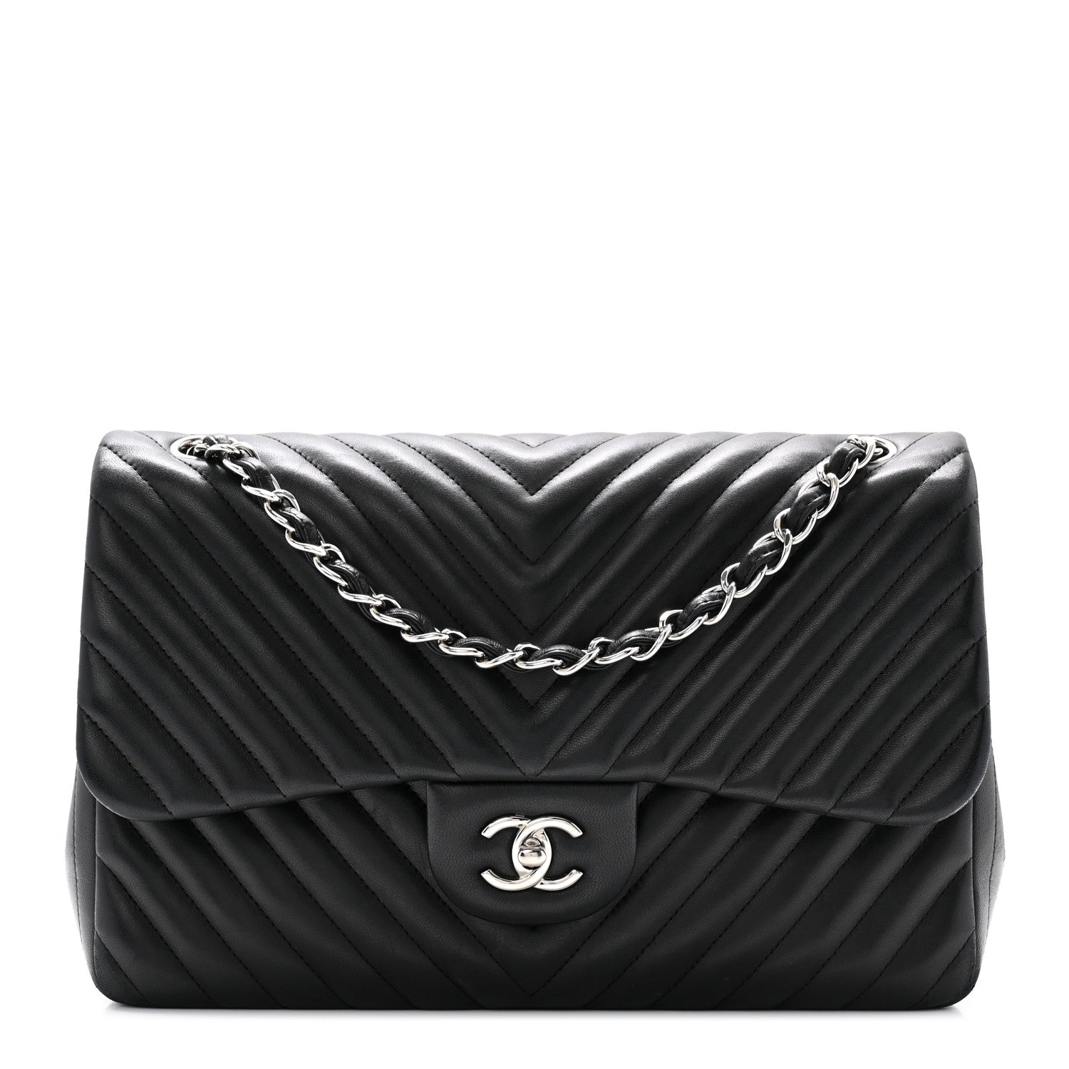 Chanel Lambskin Chevron Quilted Jumbo Double Flap Black 1 of 11