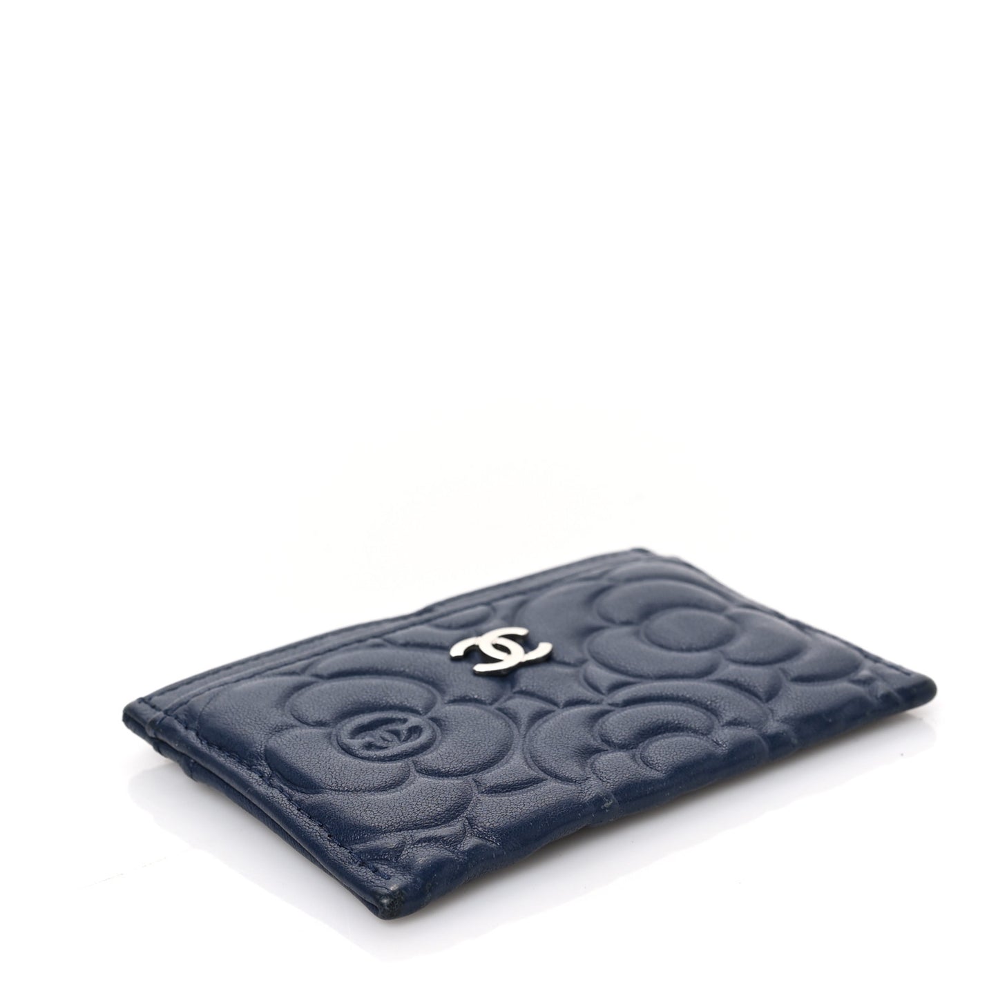 Lambskin Camellia Embossed Card Holder Navy