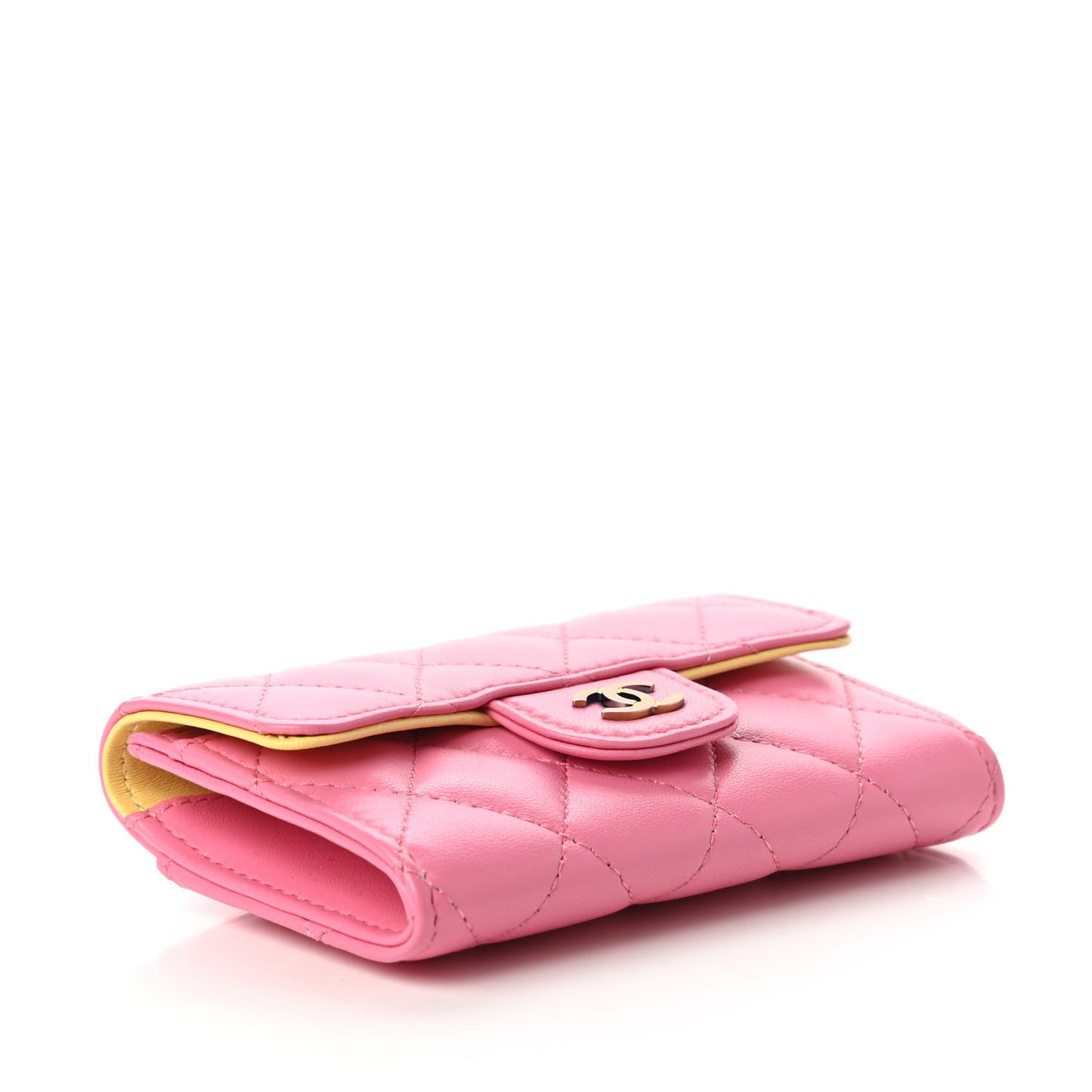 Lambskin Quilted Flap Card Holder Wallet Pink Yellow