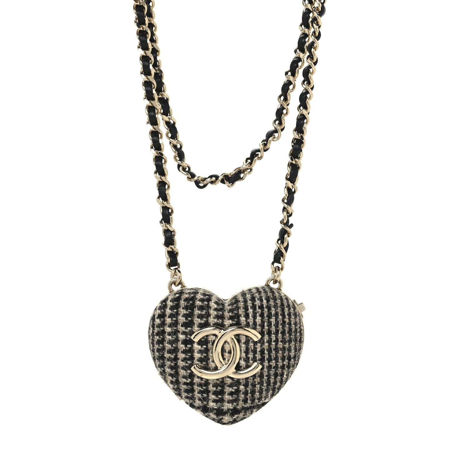 Tweed Lambskin CC Heart Locket Necklace Gold Black Beige