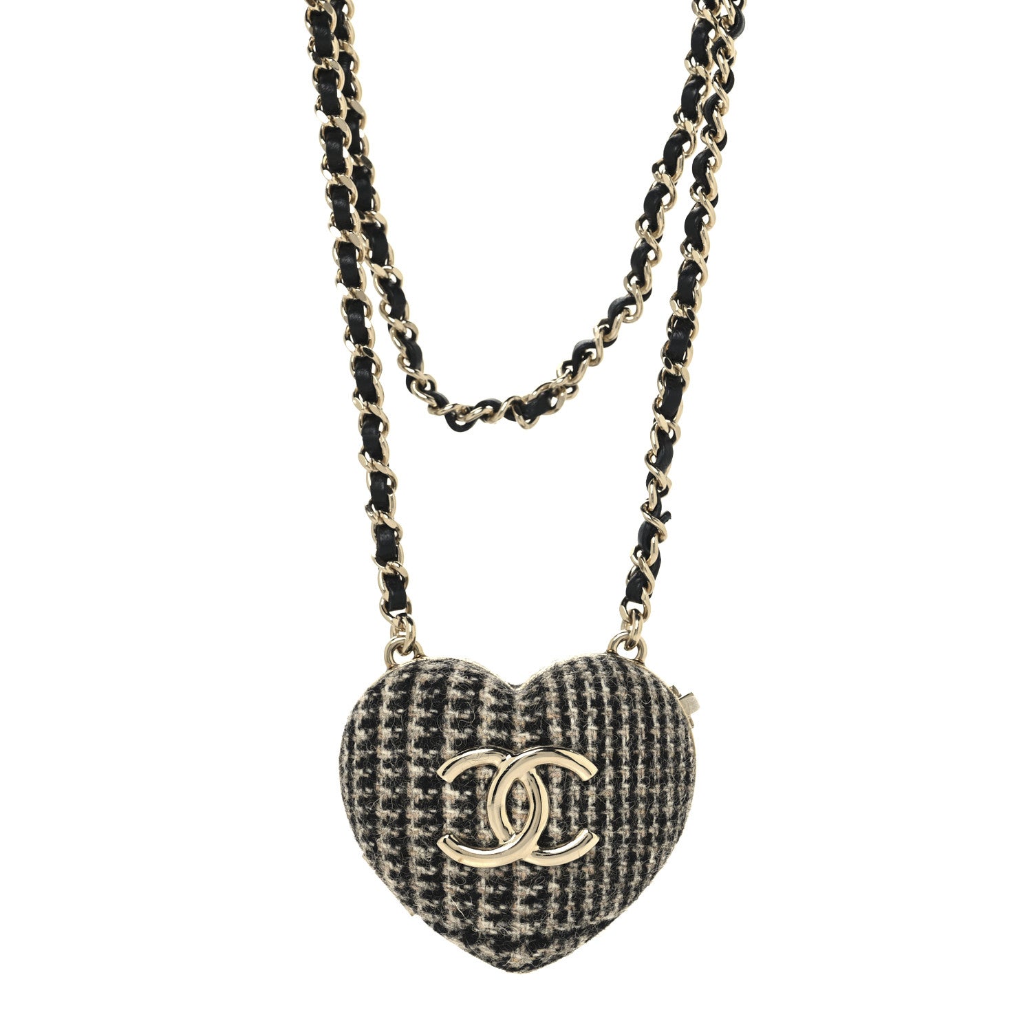 Chanel Tweed Lambskin CC Heart Locket Necklace Gold Black Beige 1 of 6