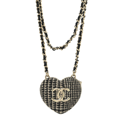Chanel Tweed Lambskin CC Heart Locket Necklace Gold Black Beige 1 of 6