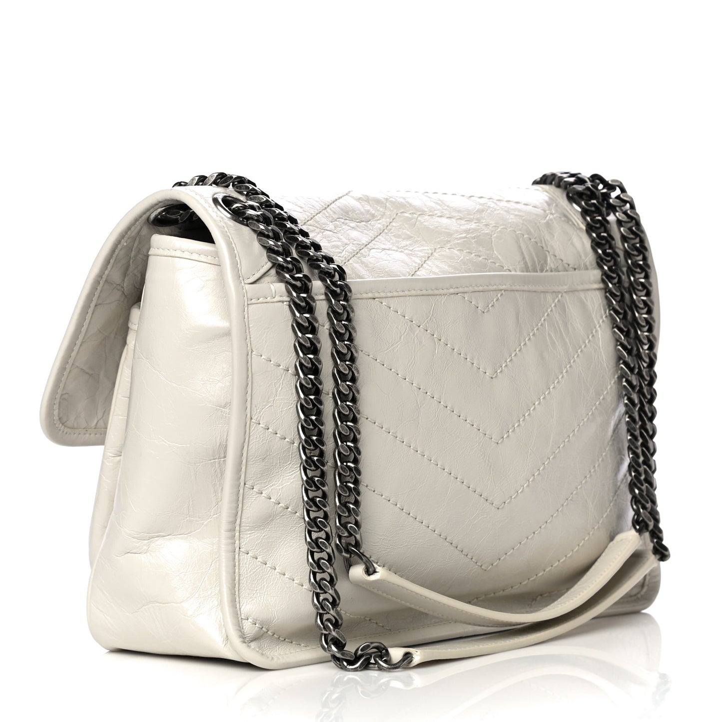Crinkled Calfskin Matelasse Monogram Medium Niki Chain Satchel Blanc Vintage