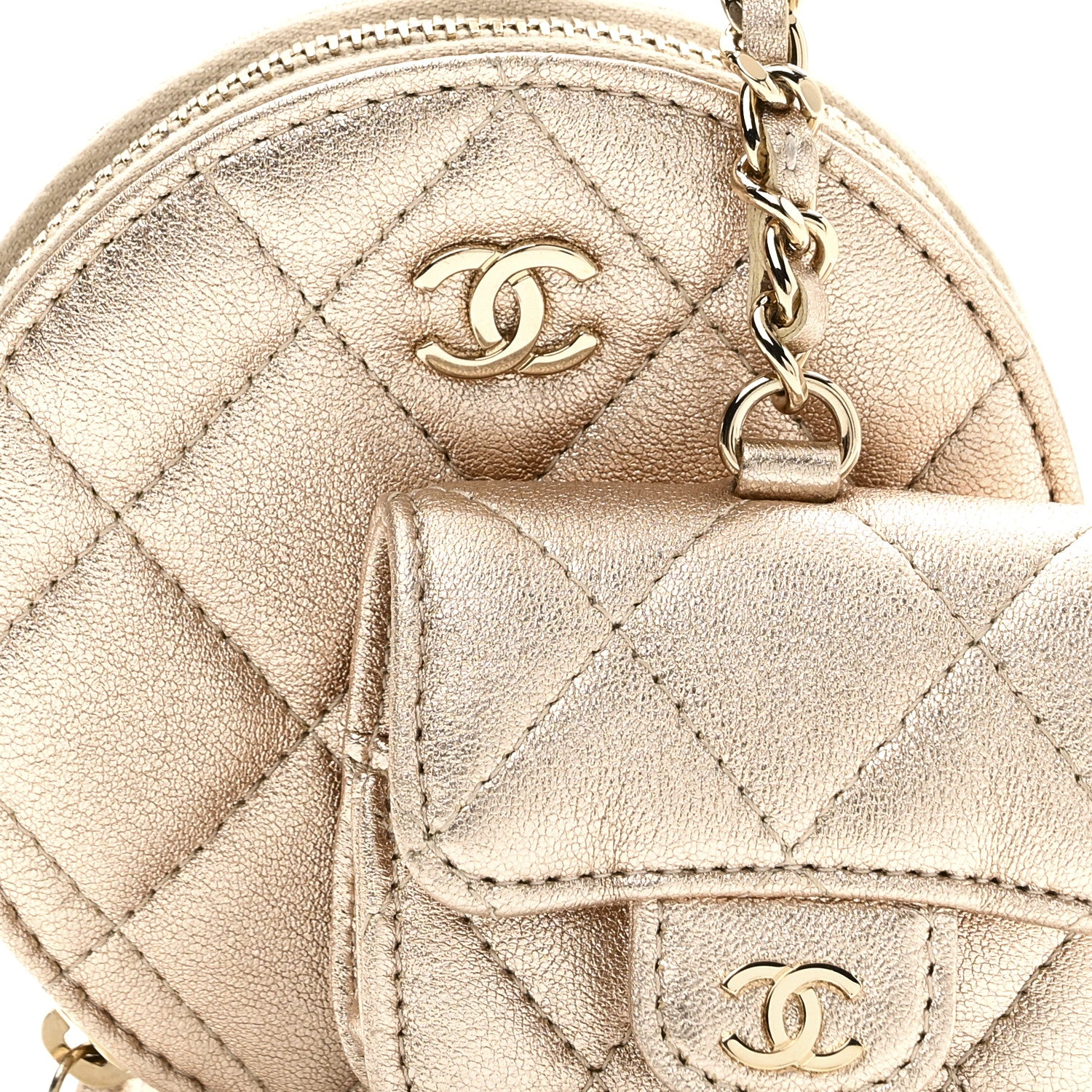 Chanel Metallic Lambskin Quilted Round Clip On Coin Purse Airpods