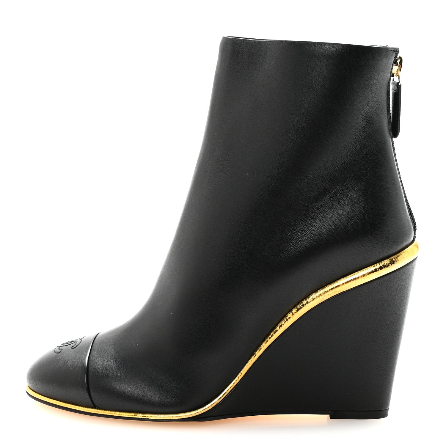 Chanel Lambskin Cap Toe Wedge Ankle Boots 38 Black 1 of 10