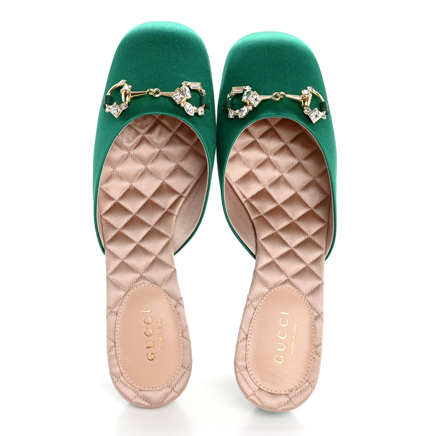 Silk Satin Crystal Embellished Horsebit Mules 36 Shamarock Emerald