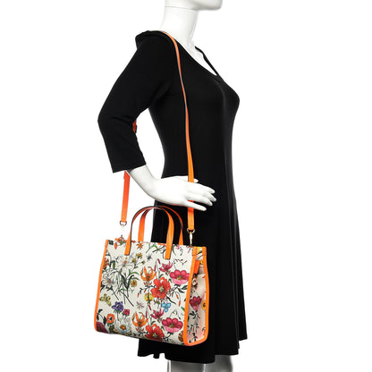 Gucci Canvas Medium Flora Tote White Multicolor Orange Fluo 2 of 9