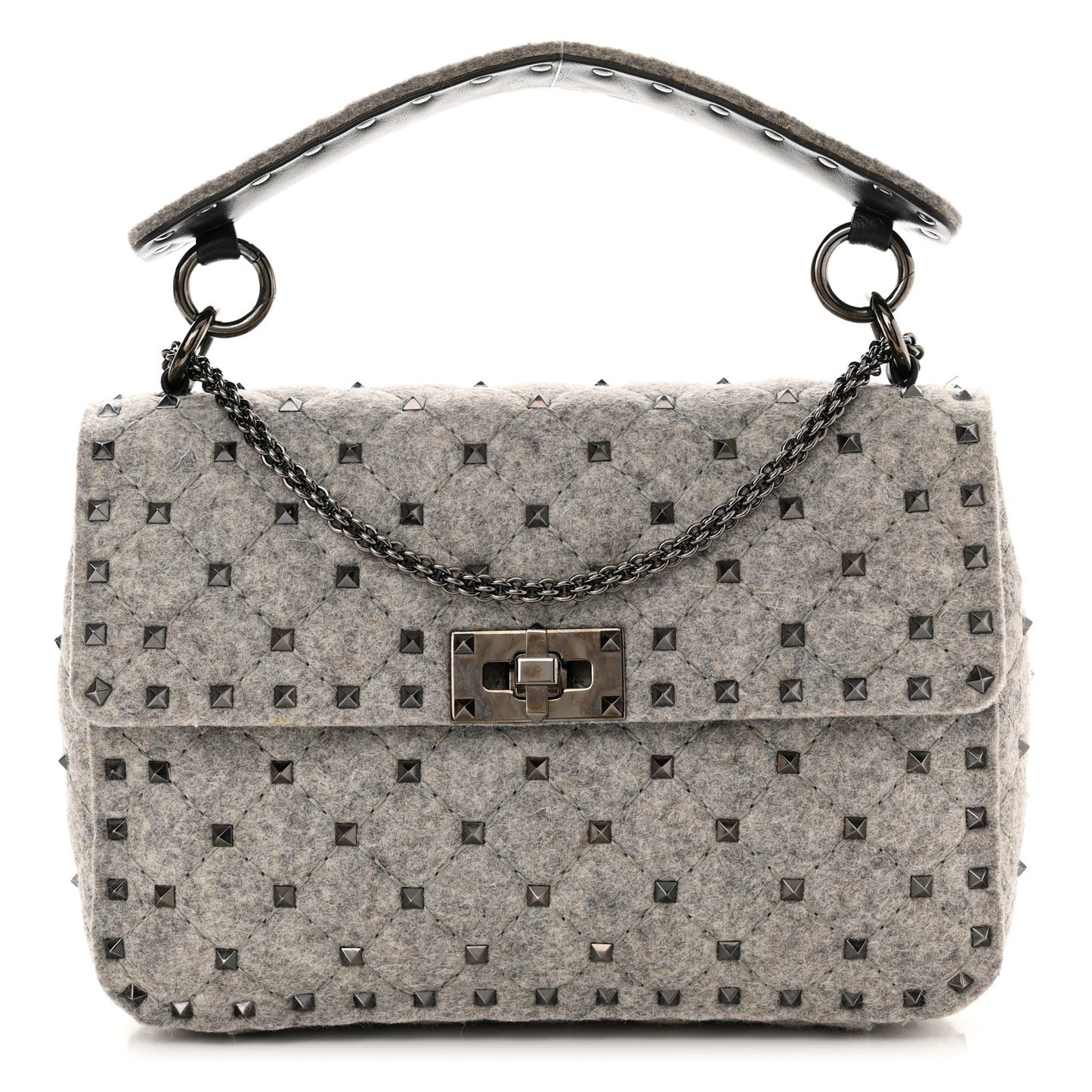Wool Medium Rockstud Spike Shoulder Bag Grey