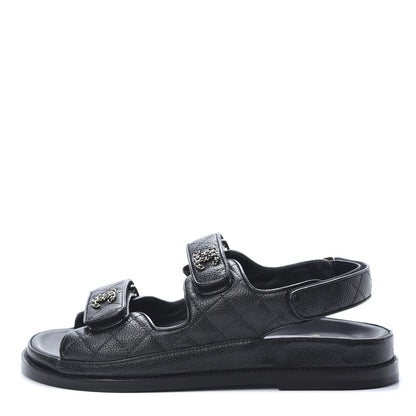 Chanel Grained Calfskin Velcro Dad Sandals 37.5 Black 1 of 8