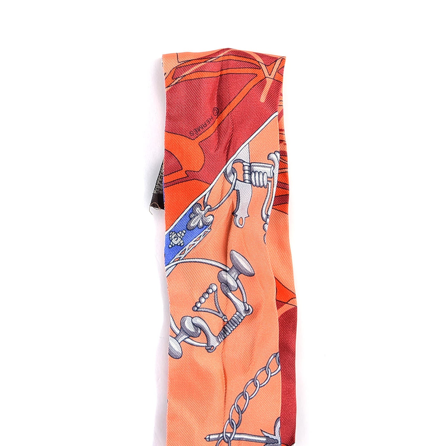 Hermes Silk Caleche Mors Et Bouteilles Twilly Vermilion Corail Bleu 3 of 4