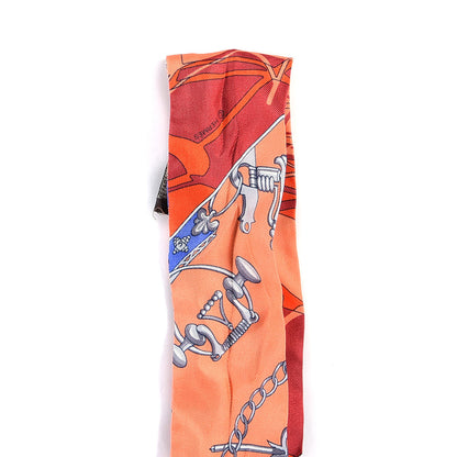 Hermes Silk Caleche Mors Et Bouteilles Twilly Vermilion Corail Bleu 3 of 4