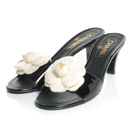 Chanel Patent Leather Camellia Mules 37.5 Black Ivory 3 of 6