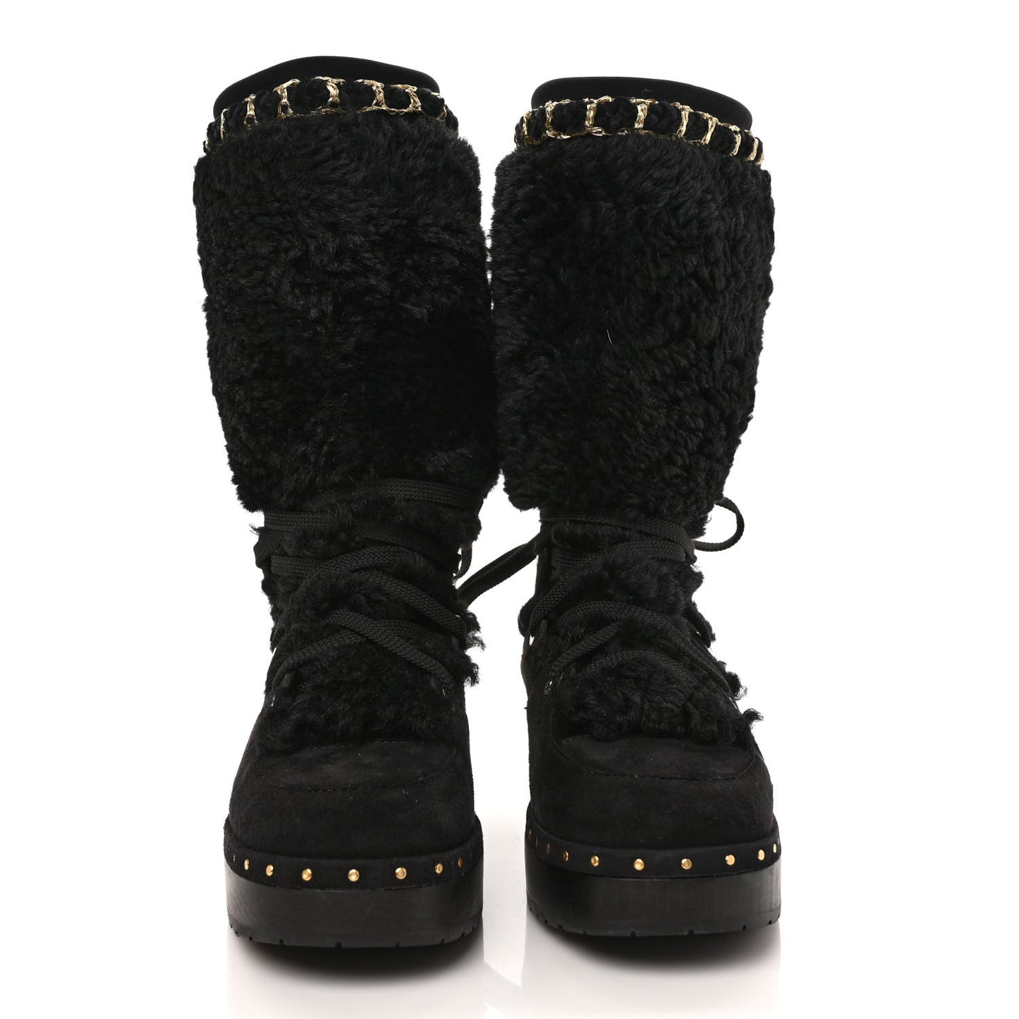 Suede Shearling Chain Studded CC High Boot 38 Black