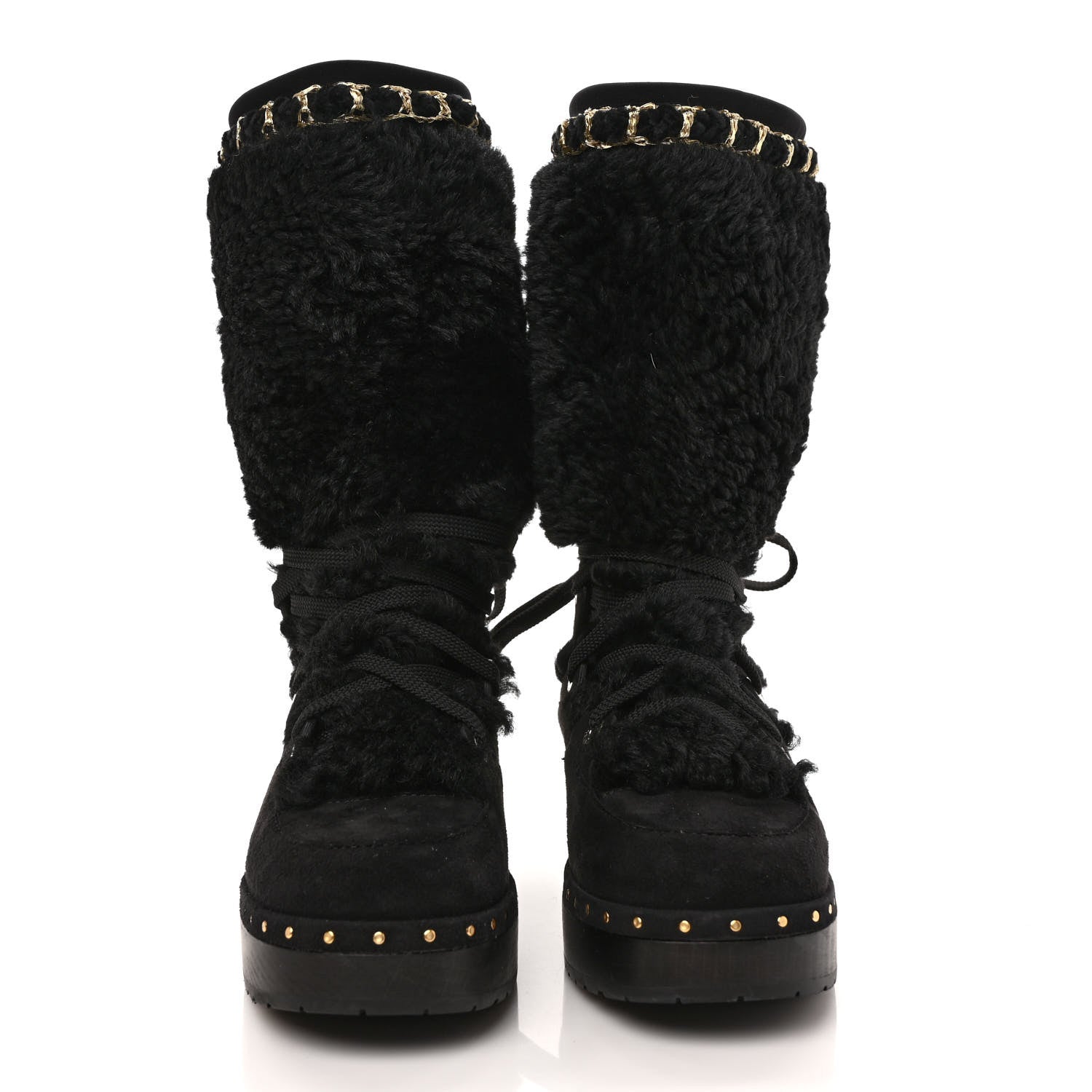 Chanel Suede Shearling Chain Studded CC High Boot 38 Black 2 of 9